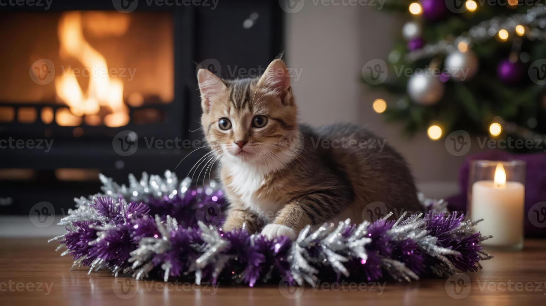 A playful kitten sits in a festive wreath near a cozy fireplace and decorated Christmas tree. photo