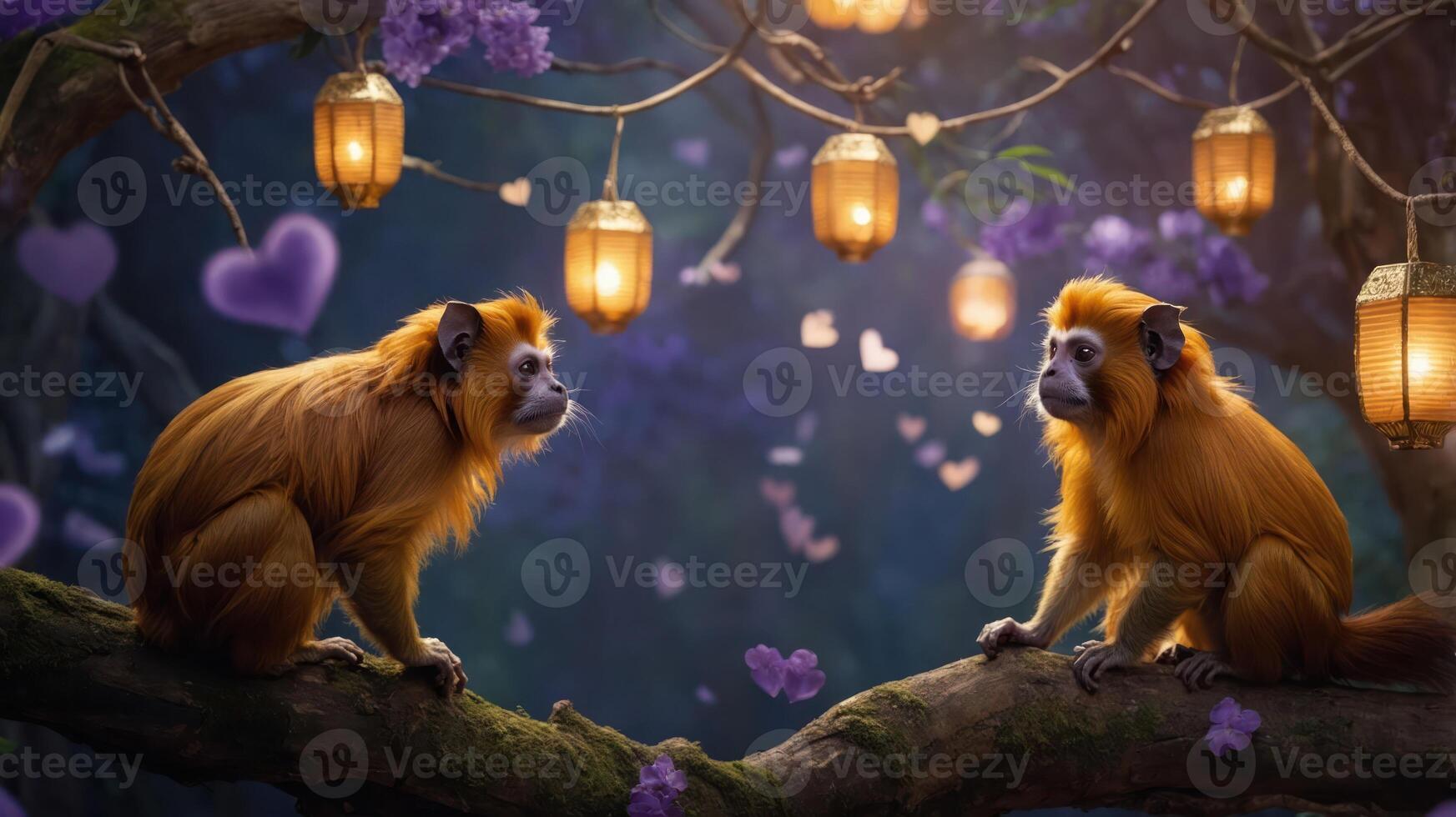 Two monkeys sit on a branch under lanterns and hearts in a whimsical forest setting. photo