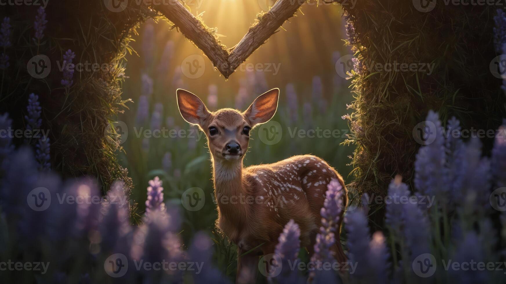A serene fawn surrounded by lavender flowers, framed by sunlight and heart-shaped foliage. photo