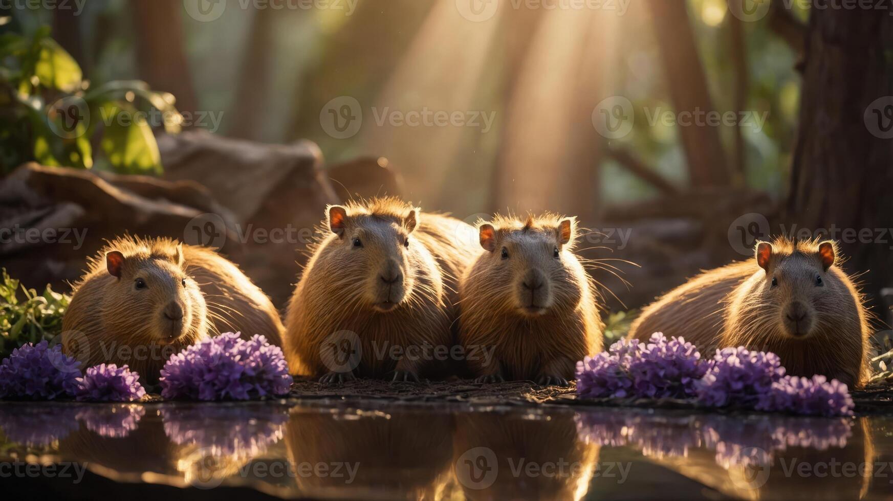 Four capybaras sitting by a serene pond surrounded by flowers and sunlight. photo