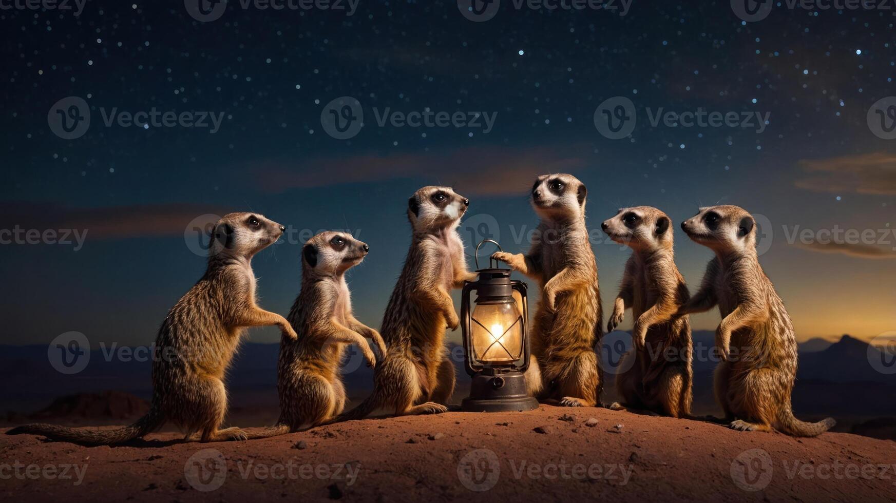 A group of meerkats gathered around a lantern under a starry night sky. photo