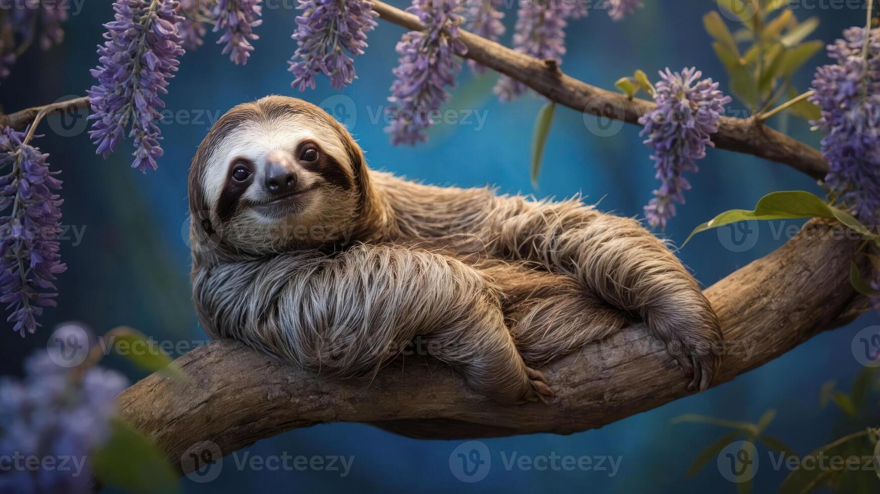 A sloth resting on a branch surrounded by purple flowers in a serene setting. photo