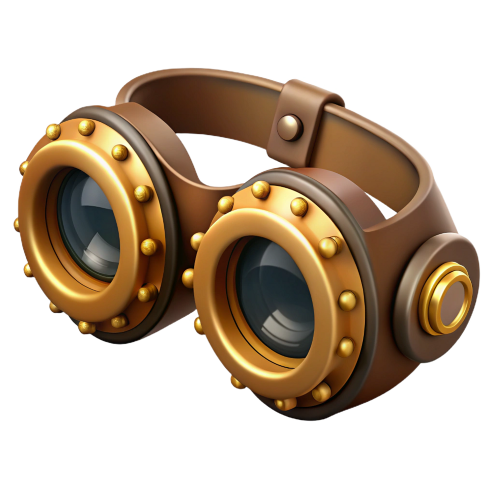 energetic mesmerizing Steampunk goggles with intricate brass gears and leather straps. NO BACKGROUND with Transparent Background. flawless png