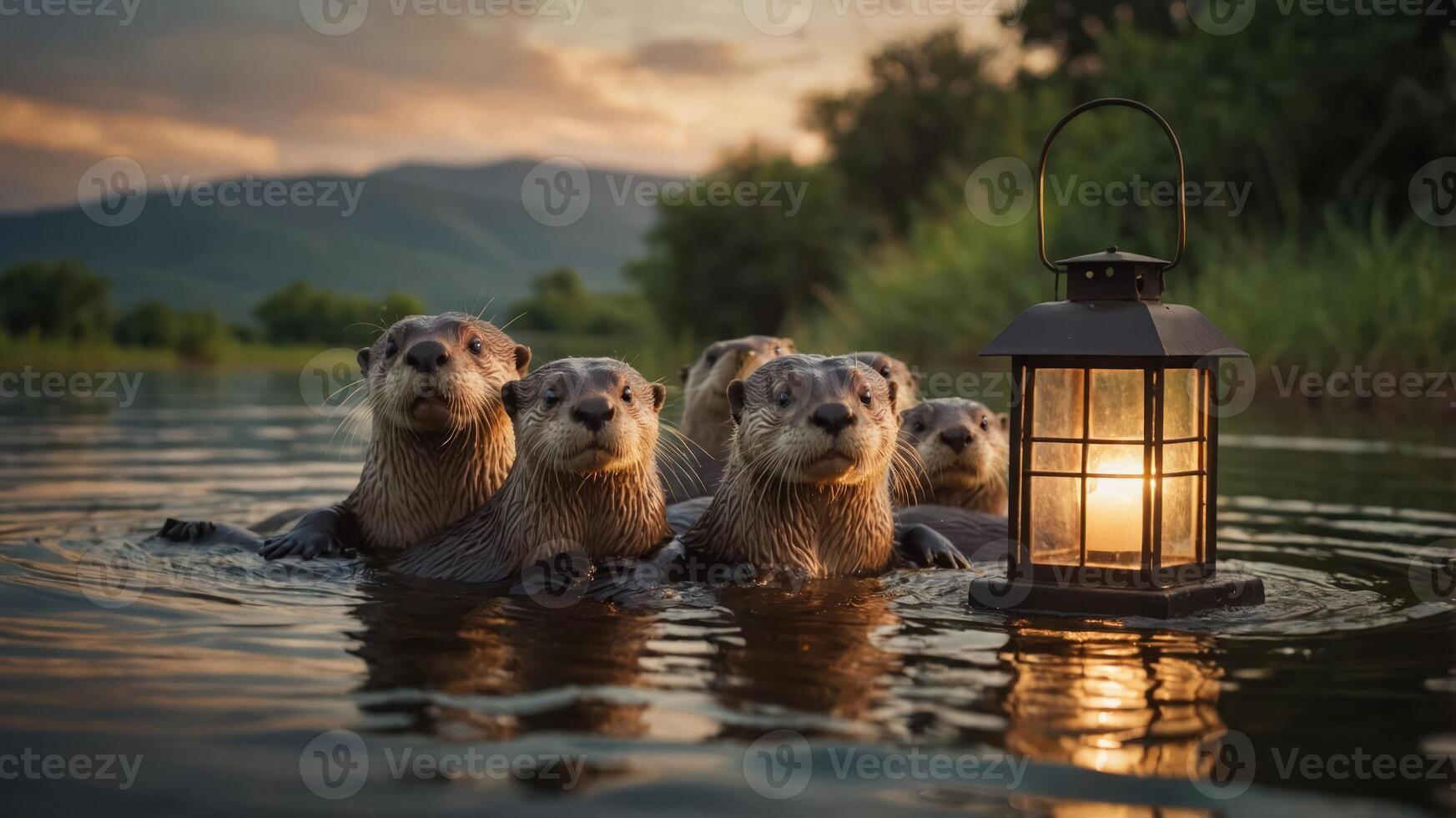 A group of otters gathered around a lantern in a serene water setting at sunset. photo