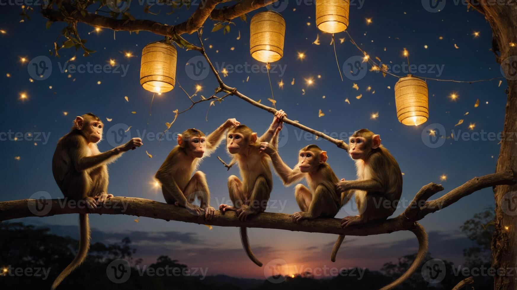 A group of monkeys sitting on a branch under lanterns at dusk, creating a whimsical atmosphere. photo