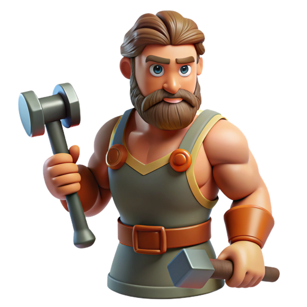 iconic baroque Hephaestus, God of the Forge, holding hammer, NO BACKGROUND with Transparent Background. fine detail png