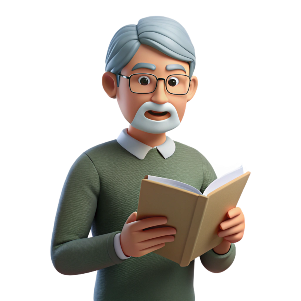 romantic pristine Thoughtful senior man reading book NO BACKGROUND with Transparent Background. handcrafted png