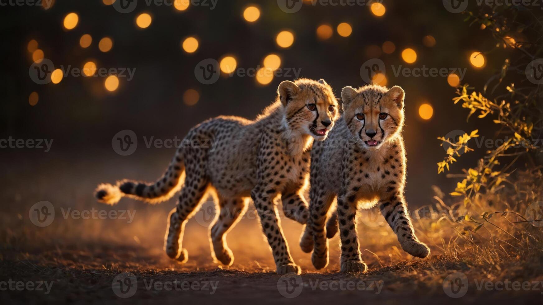 Two playful cheetah cubs walking together in a sunlit environment with a bokeh background. photo