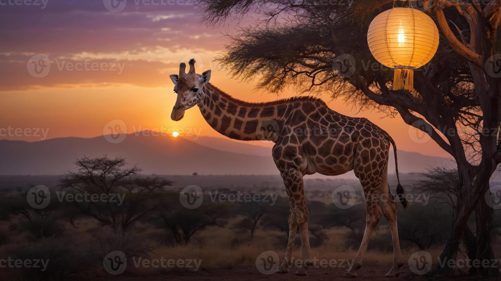 A giraffe stands near a tree at sunset, illuminated by a lantern, showcasing a serene landscape. photo