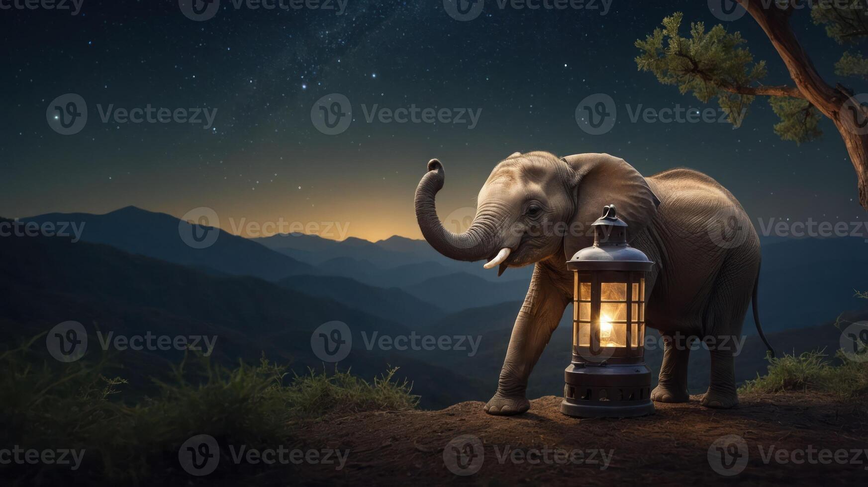 An elephant beside a lantern at dusk, set against a mountainous landscape under a starry sky. photo
