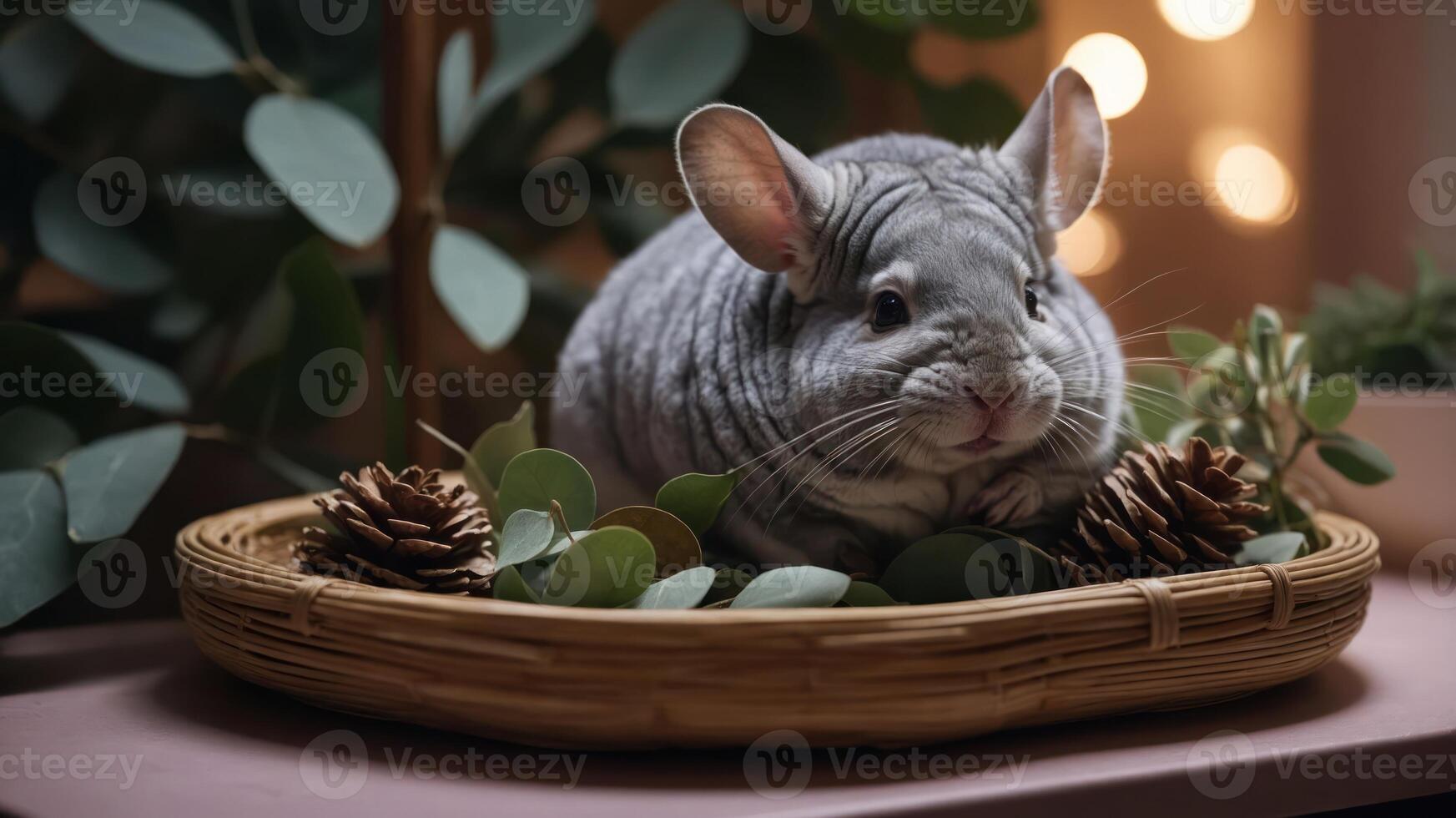 A cute gray chinchilla resting in a basket with pinecones and greenery. photo