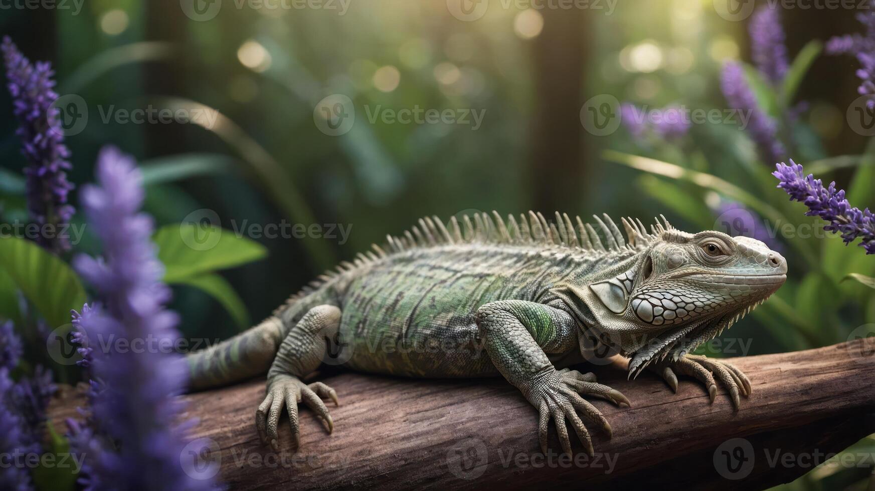 A green iguana resting on a log surrounded by vibrant plants and flowers in a lush environment. photo