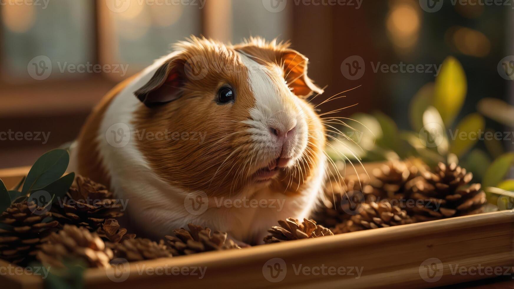 A cute guinea pig resting among pine cones in a cozy setting. photo
