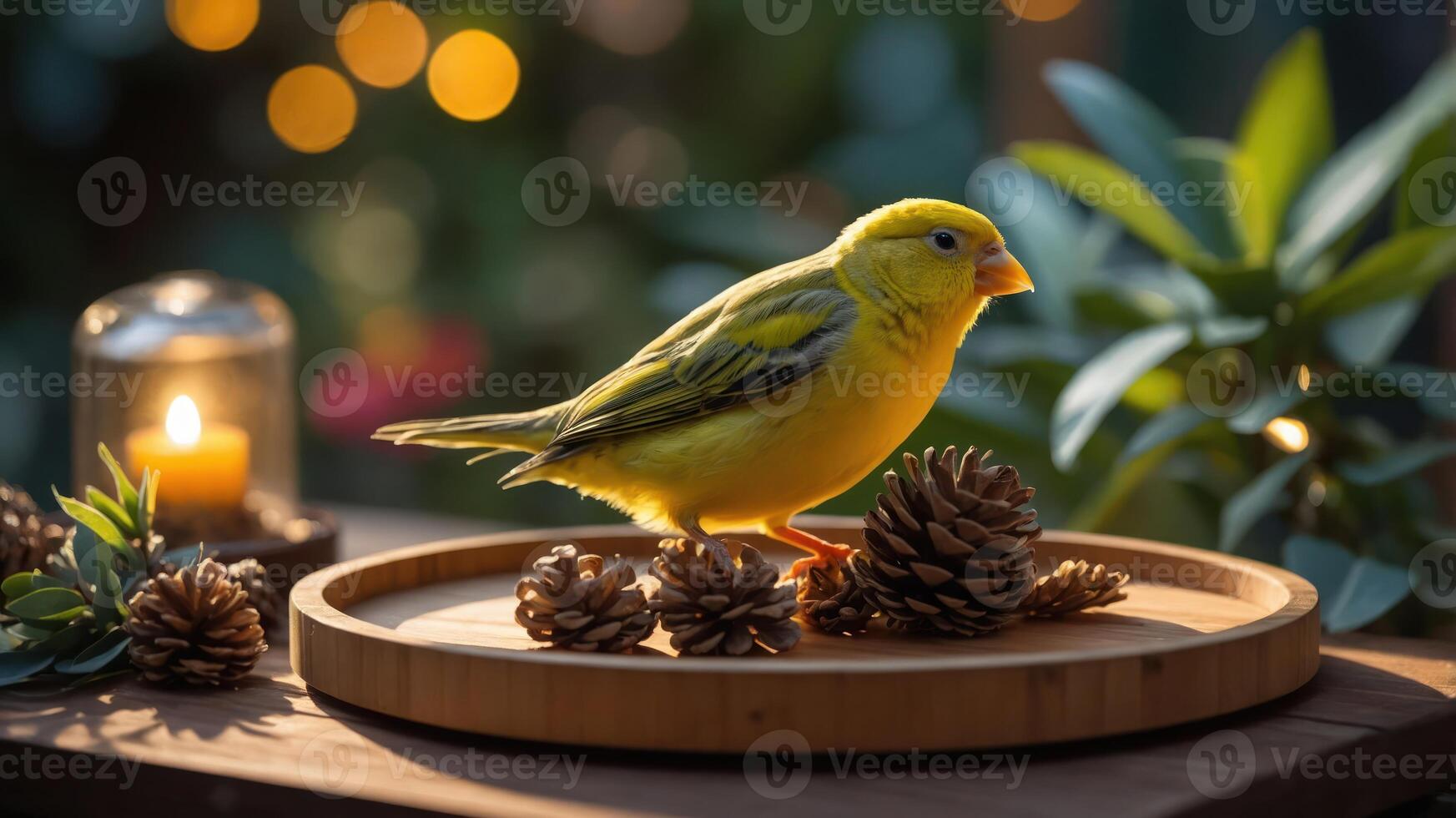 A vibrant yellow bird perched on pinecones with a candle in a serene, nature-inspired setting. photo