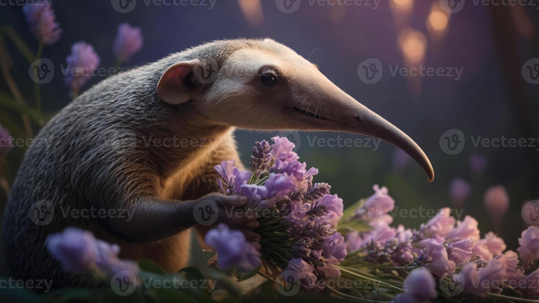 A cute anteater interacting with vibrant flowers in a serene setting. photo