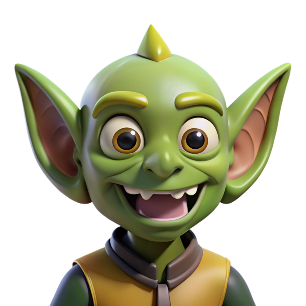 quintessential rustic Cartoon goblin, mischievous grin, pointed ears, NO BACKGROUND with Transparent Background. perfect clarity png