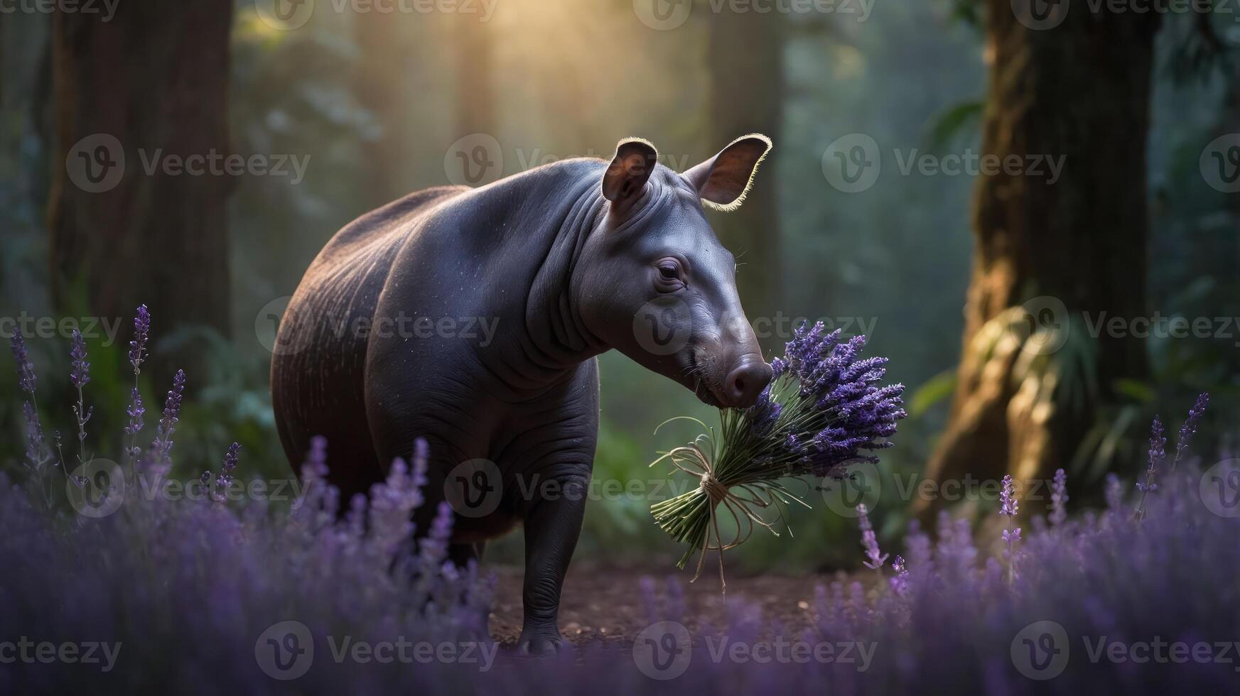 A tapir in a lush forest holding lavender, surrounded by vibrant flowers and soft light. photo