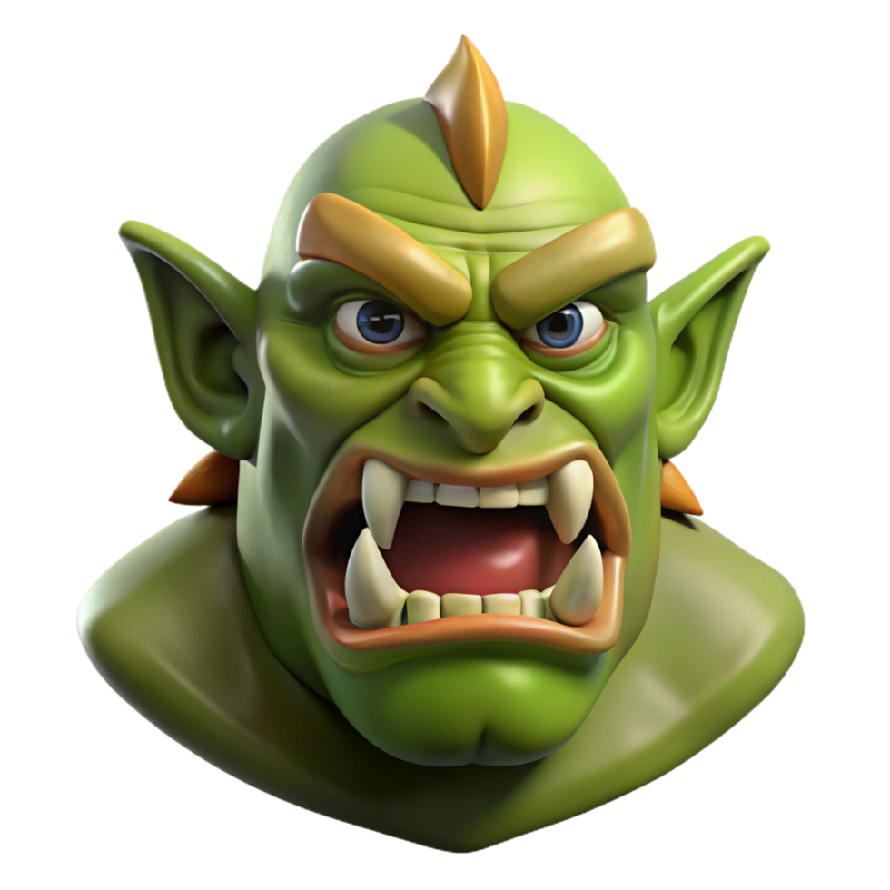 glorious vintage Orc head, tusks, angry expression, scarred face NO BACKGROUND with Transparent Background. expertly shot png