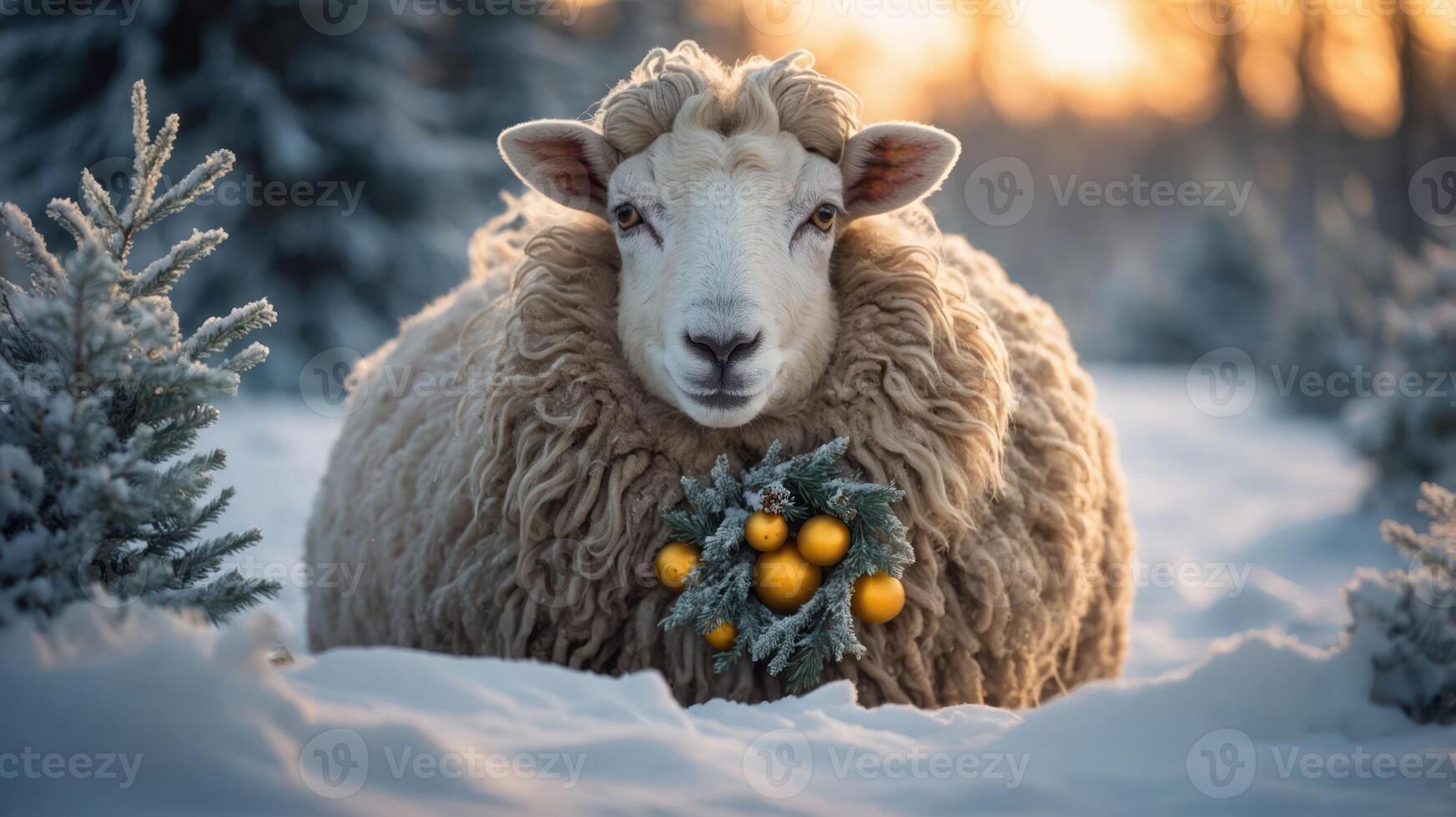 A fluffy sheep adorned with ornaments sits in a snowy landscape during sunset. photo