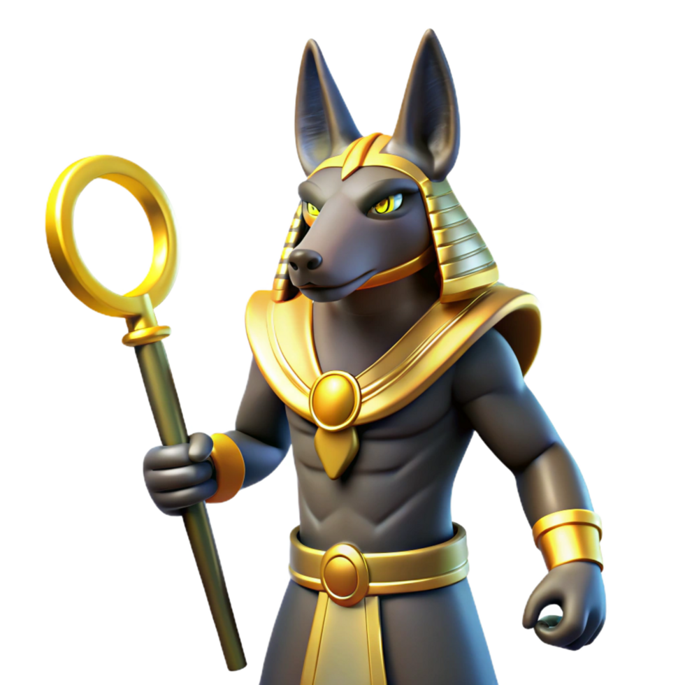 radiant tropical Anubis, jackal-headed Egyptian god, holding an ankh, NO BACKGROUND with Transparent Background. top-tier png