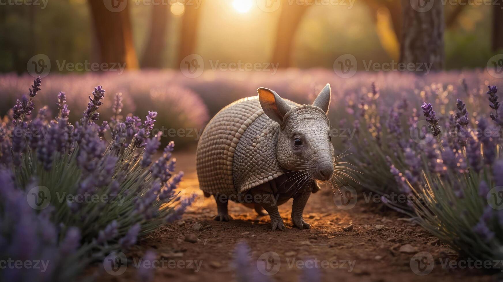 A whimsical armadillo in a lavender field at sunset. photo