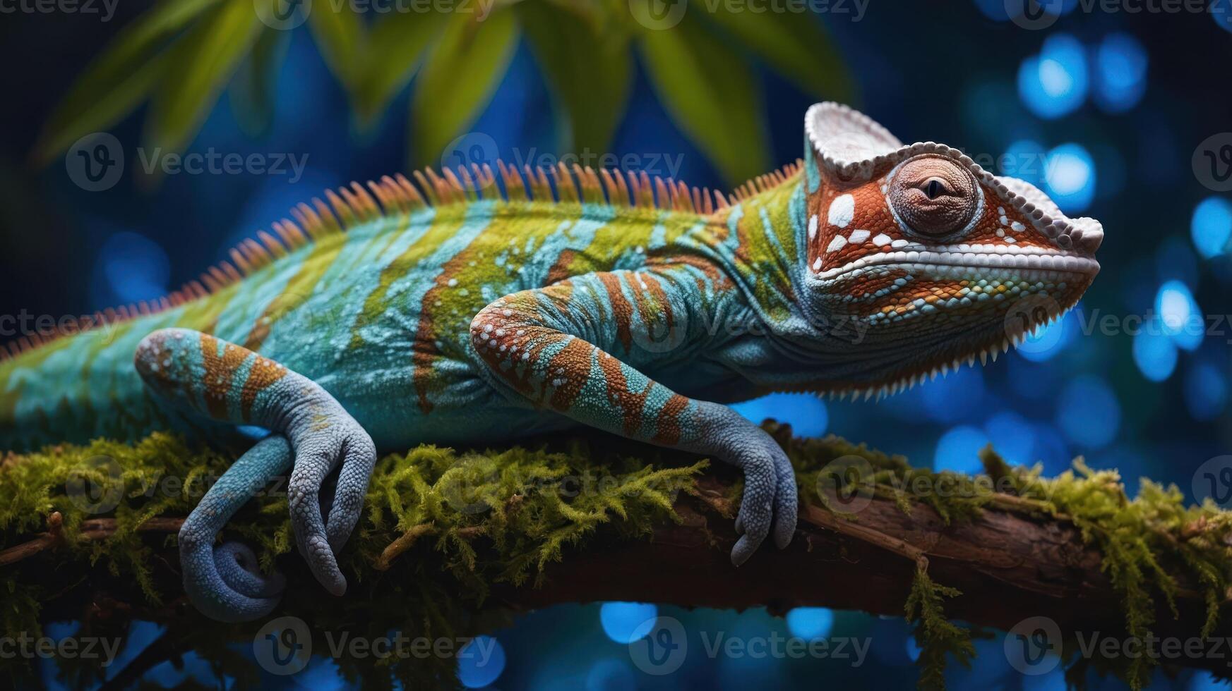 A vibrant chameleon resting on a branch amidst a lush, colorful environment. photo
