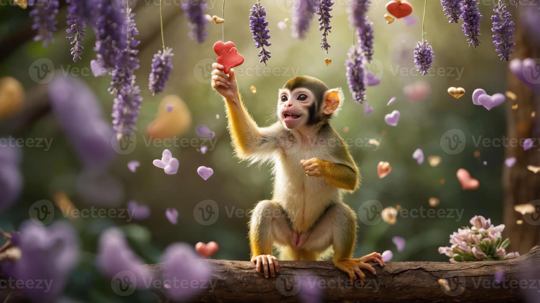 A playful monkey holds a heart-shaped toy amidst colorful flowers and hearts in a whimsical setting. photo