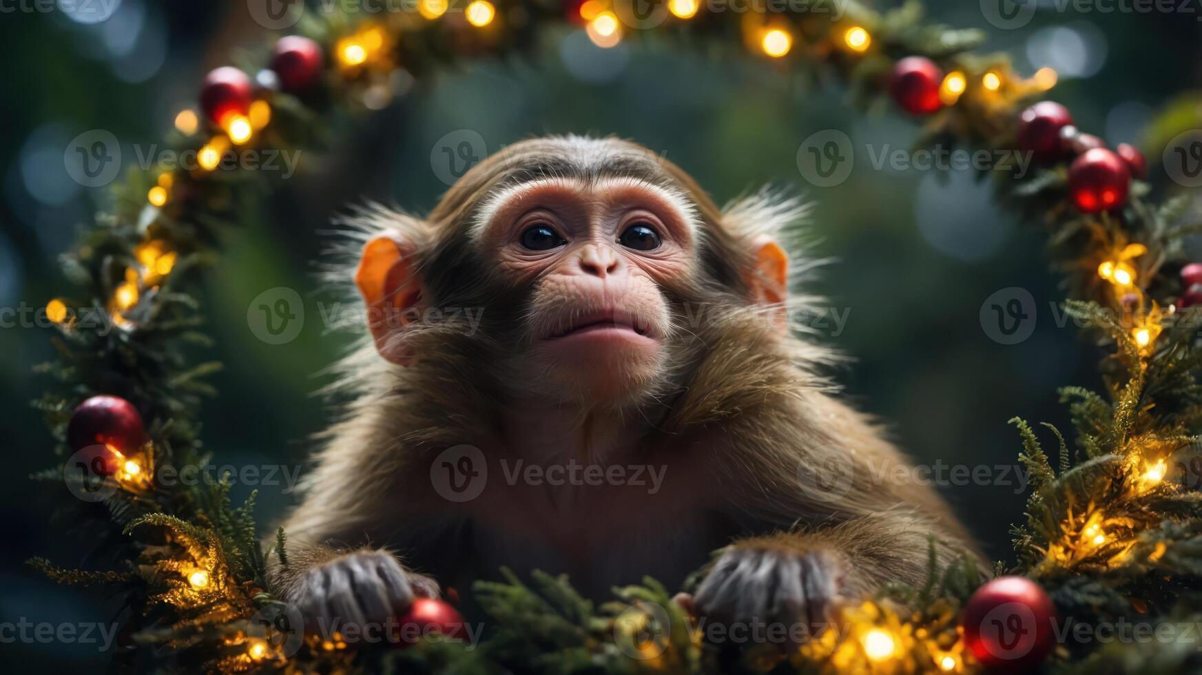 A monkey peeks through a festive wreath adorned with lights and ornaments. photo