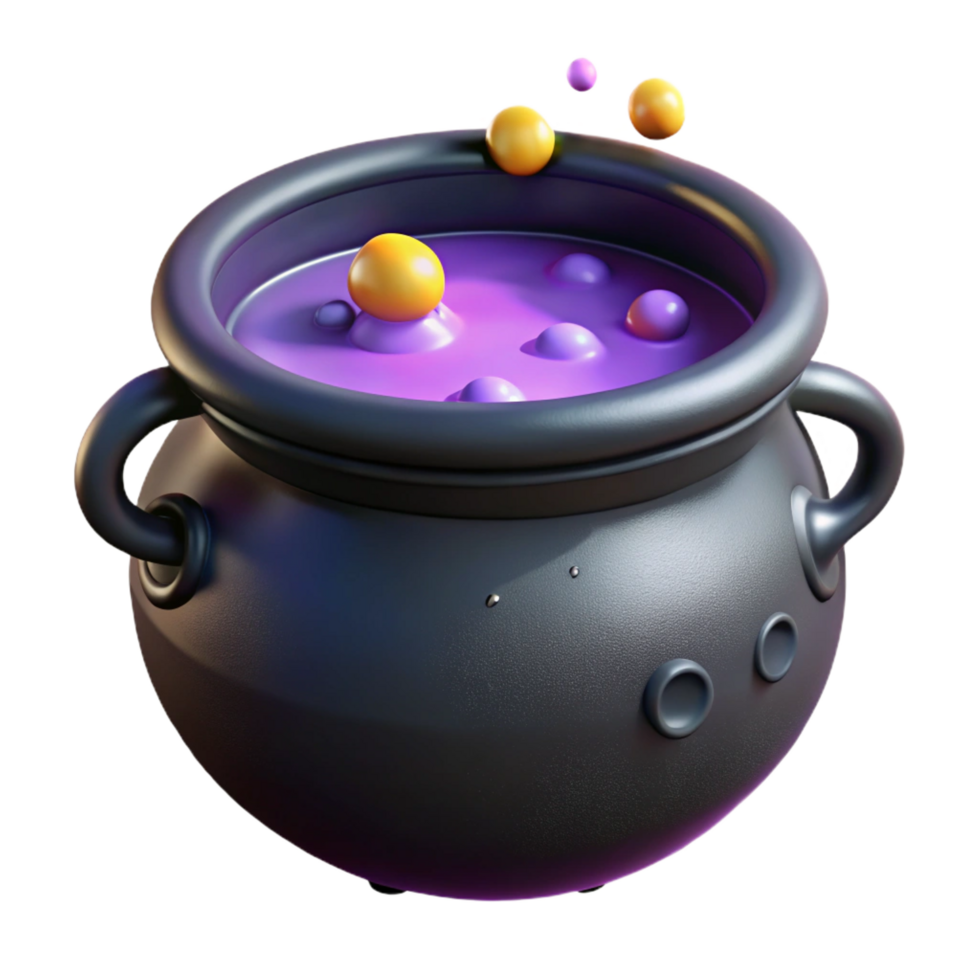 captivating rustic A Witch's Cauldron, black and bubbling, NO BACKGROUND with Transparent Background. handcrafted png