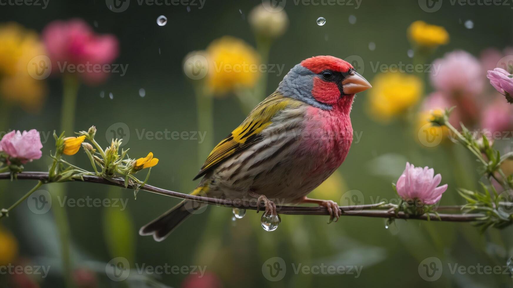 A colorful bird perched on a branch amidst blooming flowers in a serene environment. photo