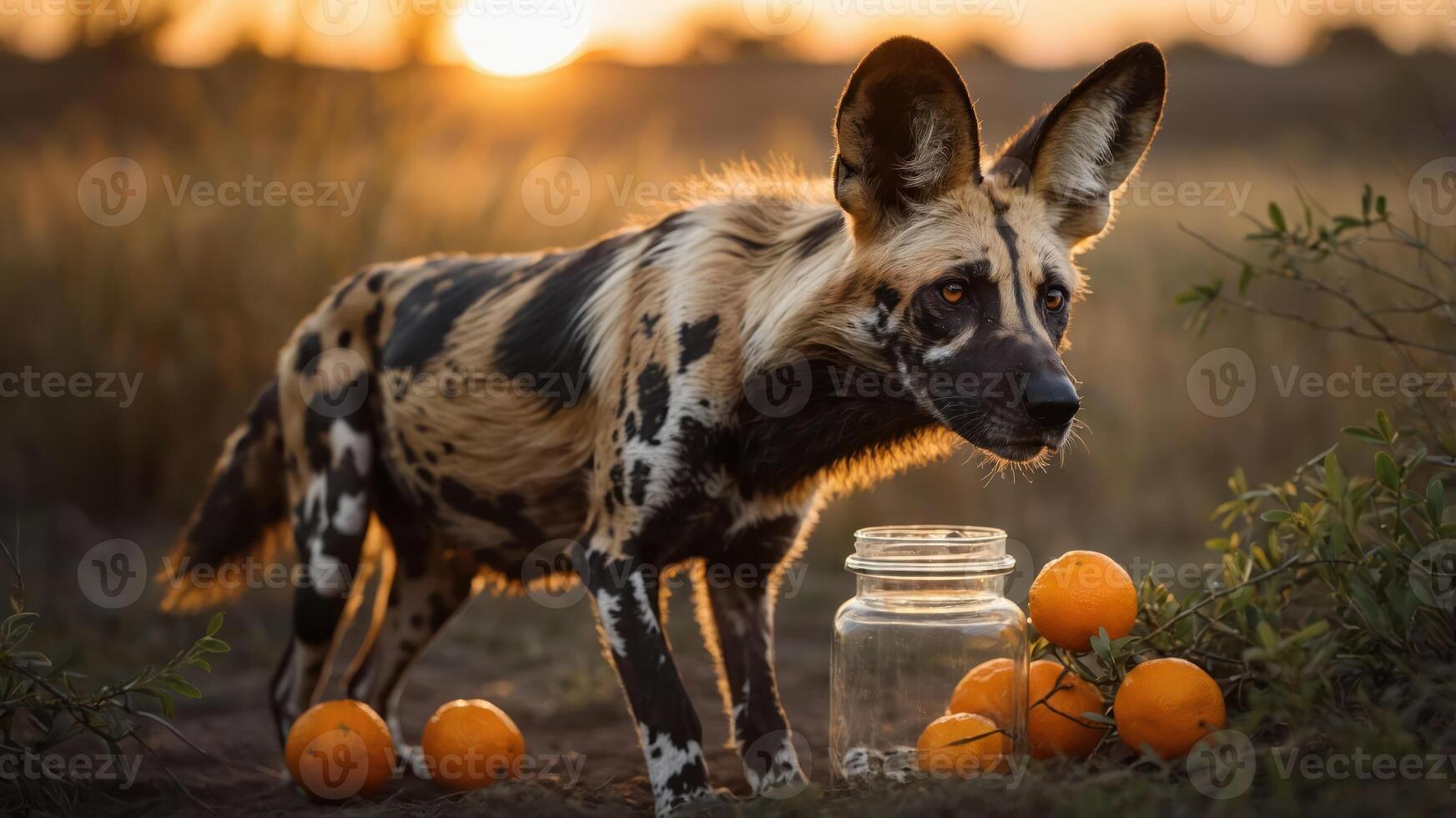 A wild dog curiously inspects oranges near a jar during sunset in a natural setting. photo
