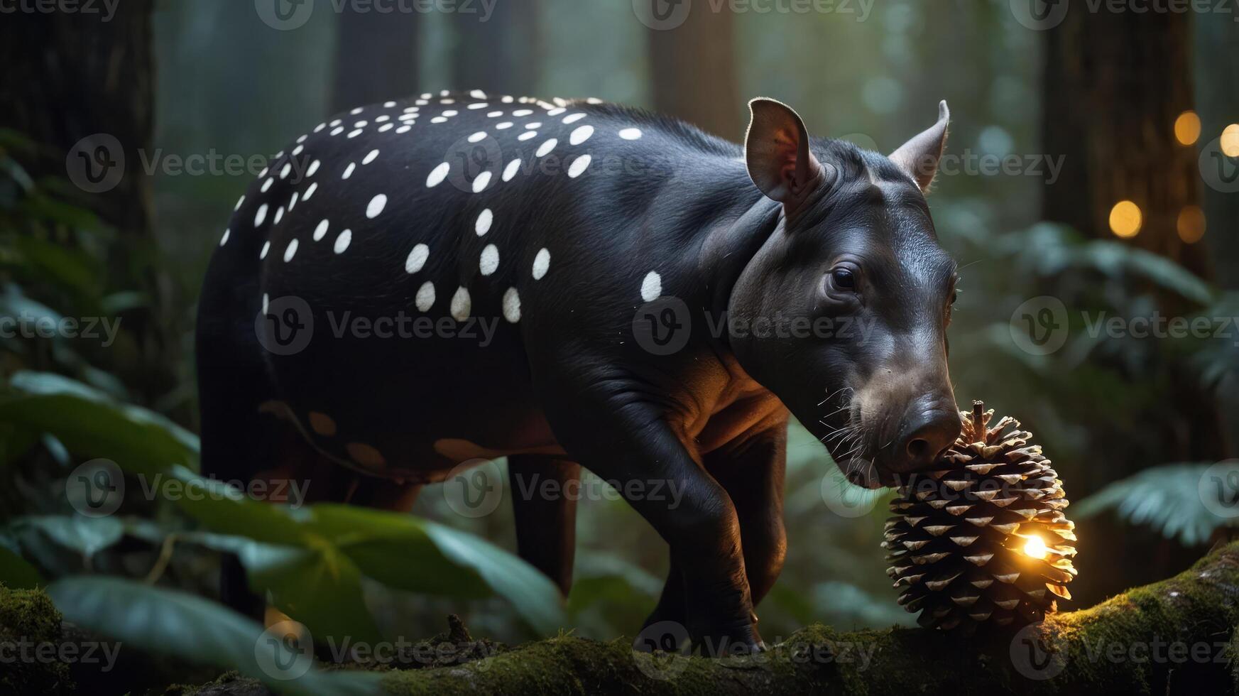 A tapir interacting with a pine cone in a lush, misty forest. photo