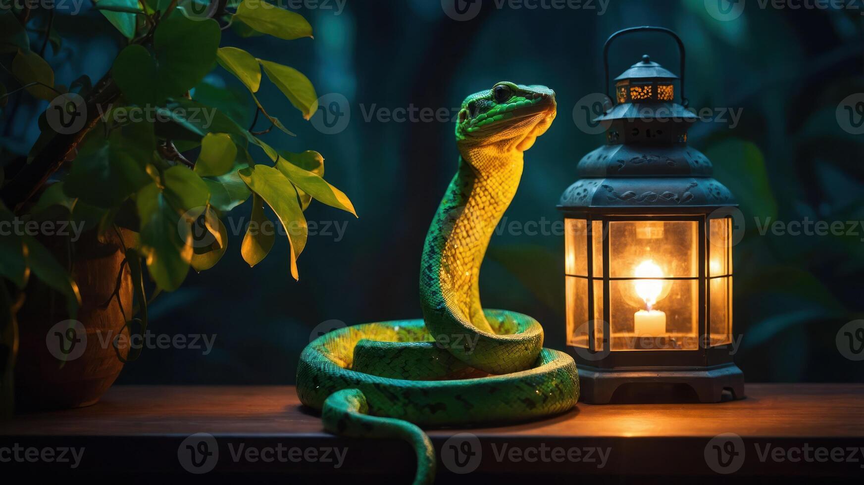 A green snake coiled beside a glowing lantern in a serene, shadowy environment. photo