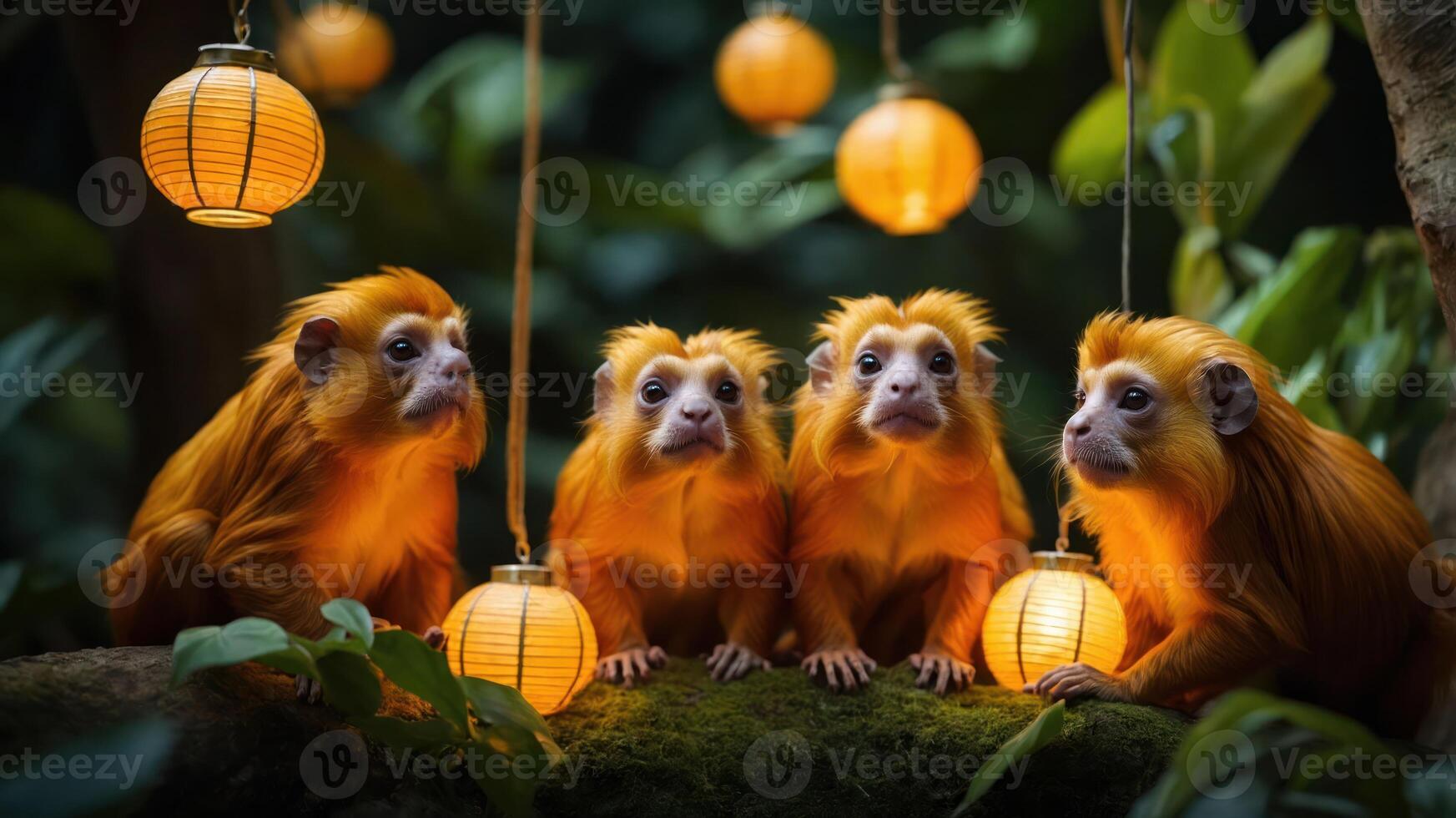 Four golden monkeys sitting among glowing lanterns in a lush environment. photo