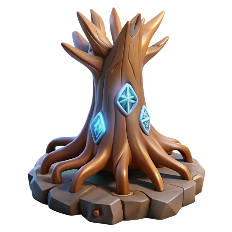 reflective hypnotic An ancient, gnarled tree root, magical runes carved into it, NO BACKGROUND with Transparent Background. expertly shot png
