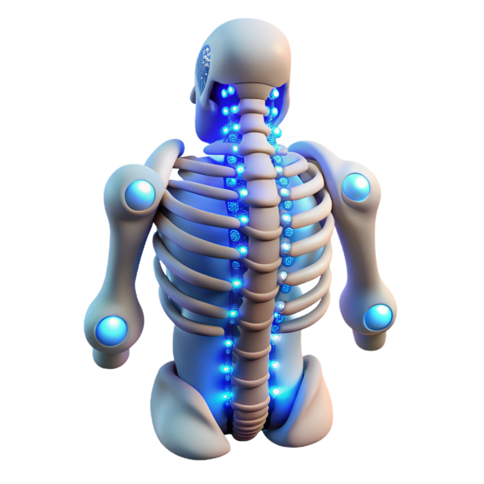 ethereal magnificent Cybernetically enhanced human spine with glowing nodes NO BACKGROUND with Transparent Background. impeccable png