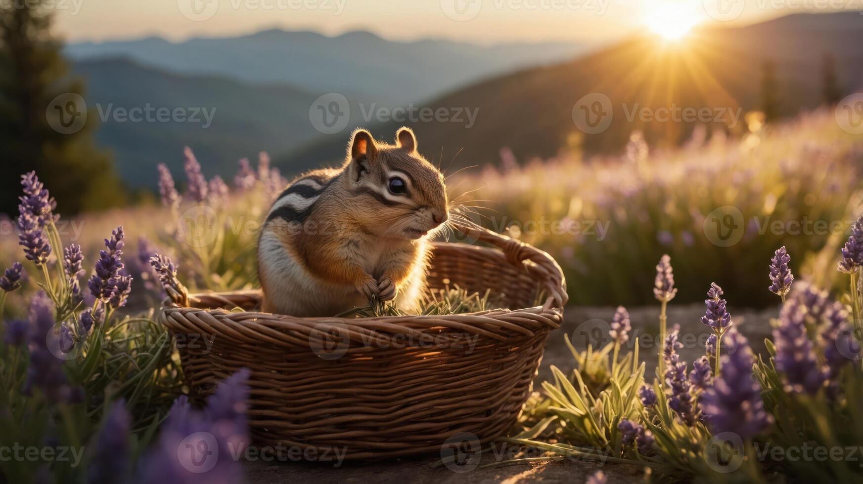 A chipmunk sits in a woven basket surrounded by lavender flowers at sunset. photo