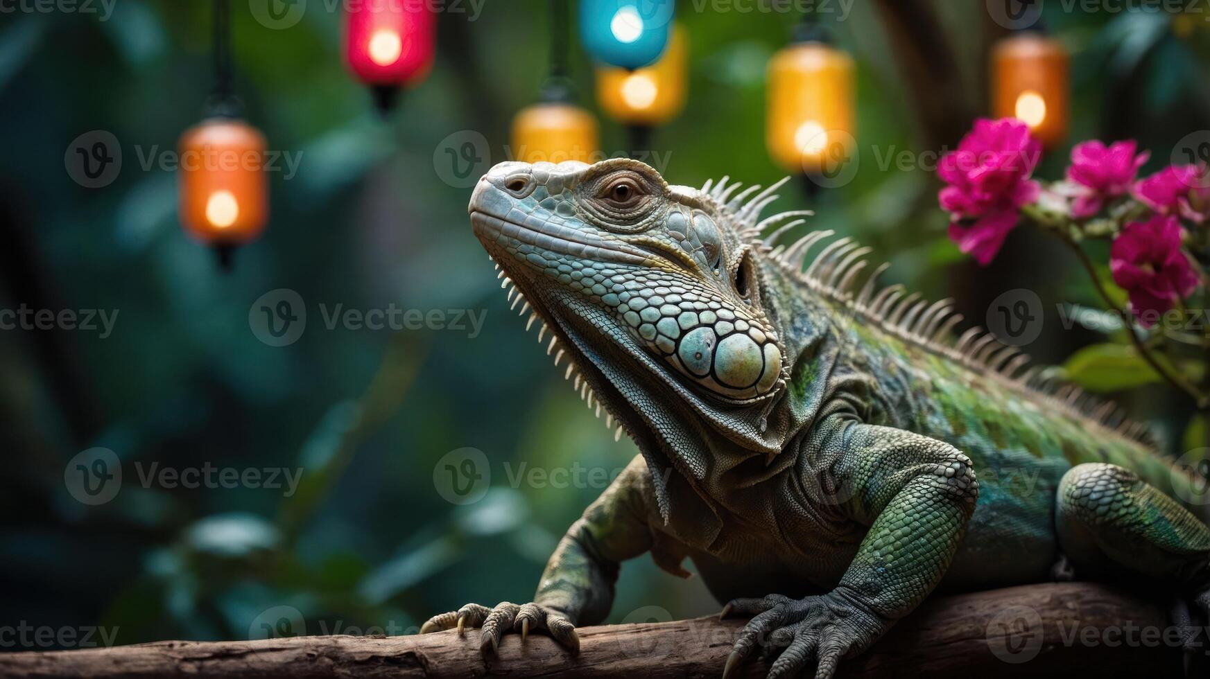 A green iguana resting on a branch with colorful lights and flowers in the background. photo