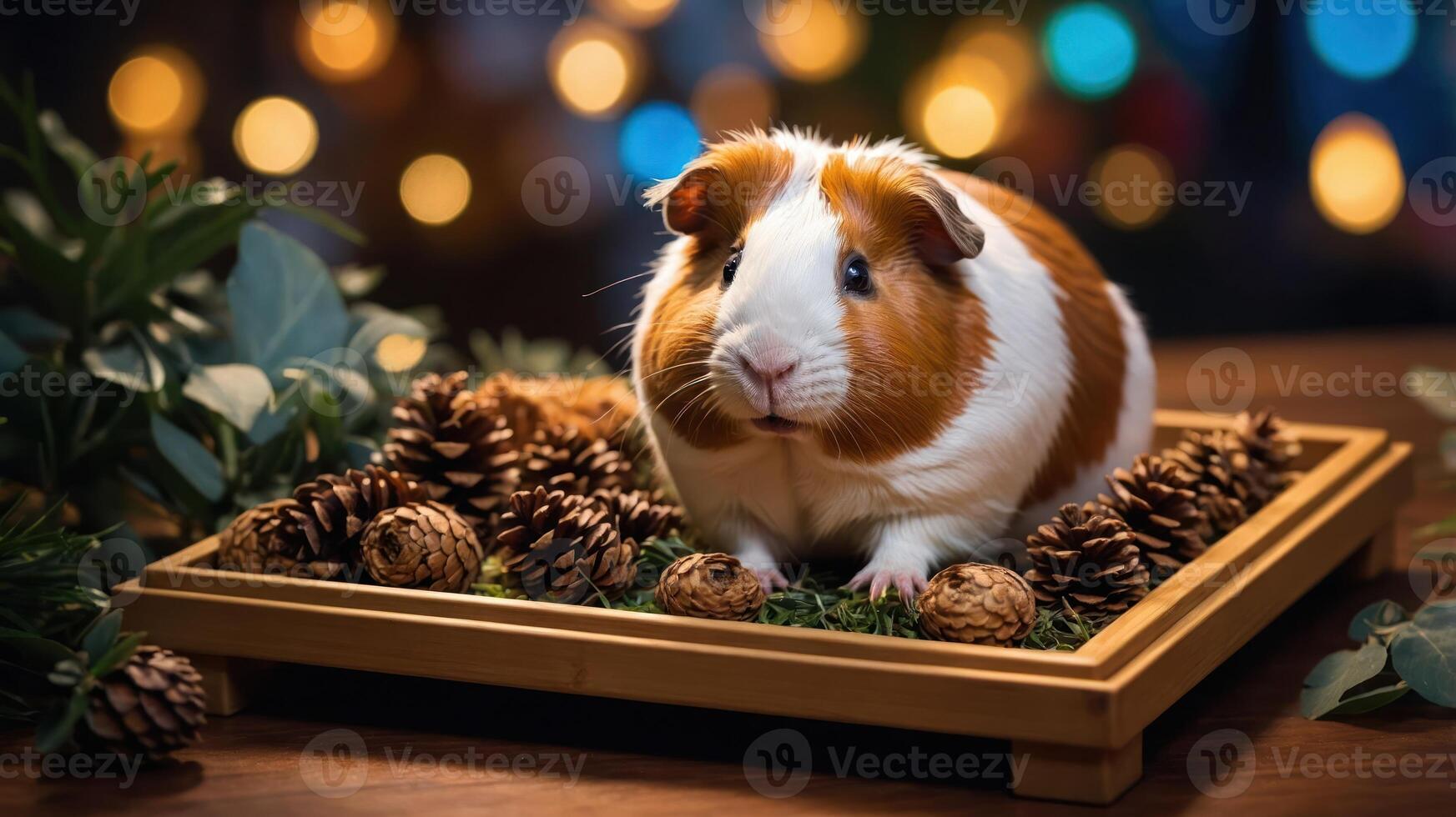 A cute guinea pig surrounded by pine cones and greenery with a festive bokeh background. photo