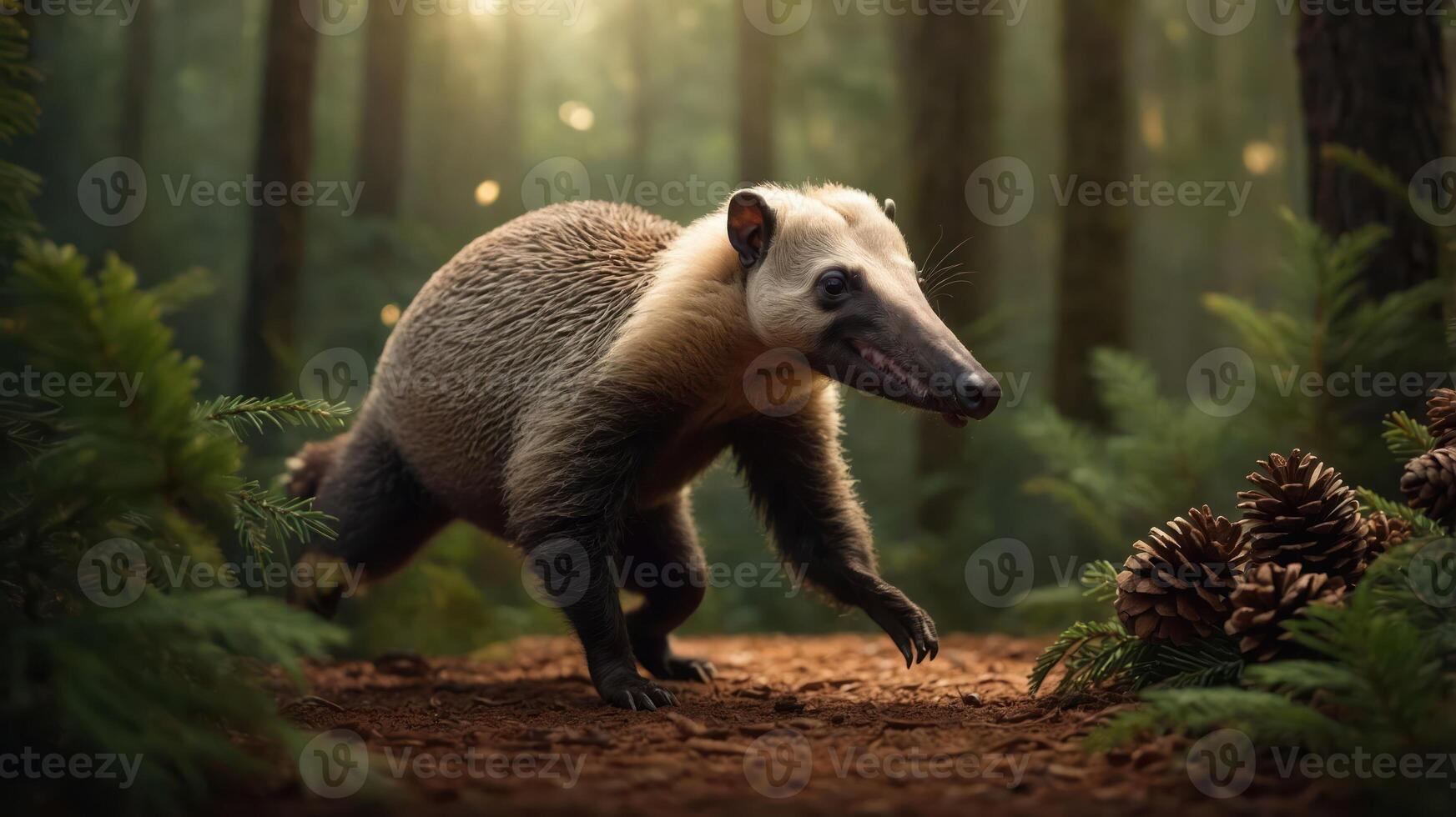 A honey badger walking through a lush forest with pinecones and greenery. photo