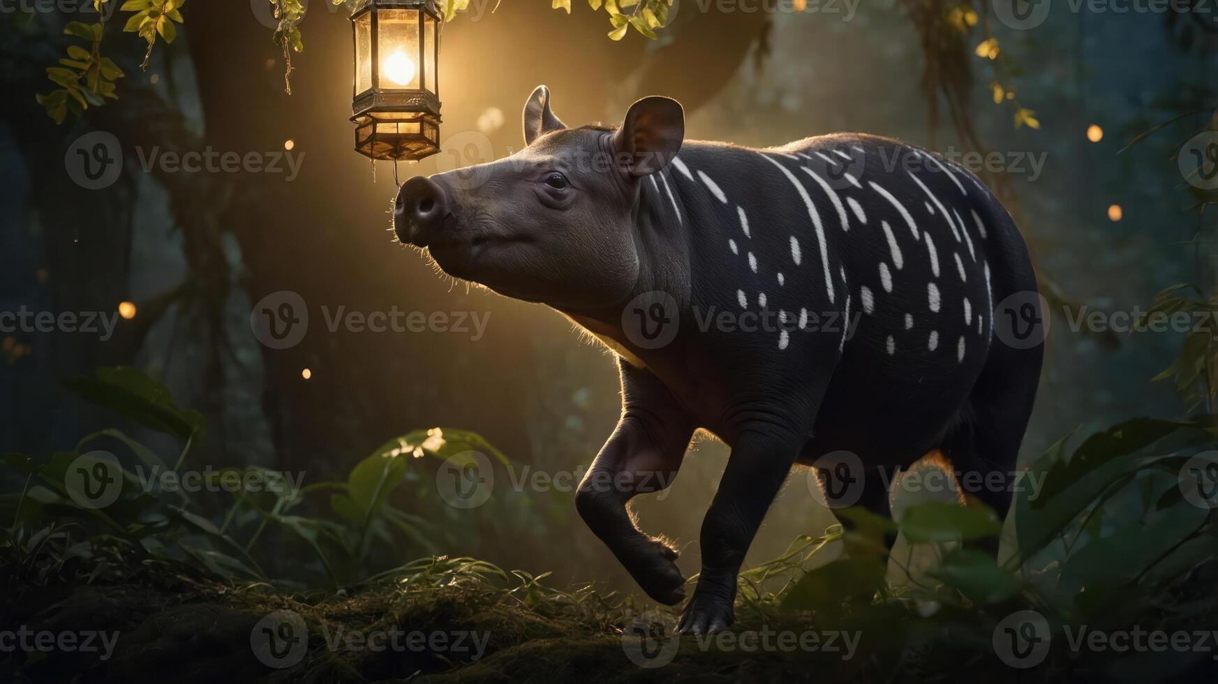 A tapir illuminated by a lantern in a lush, enchanting forest setting. photo