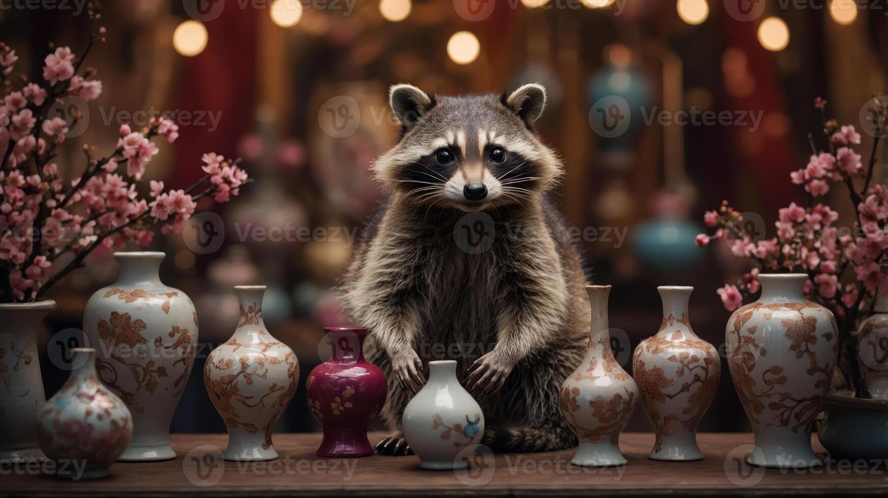 A raccoon curiously inspects decorative vases amidst cherry blossoms in a cozy setting. photo