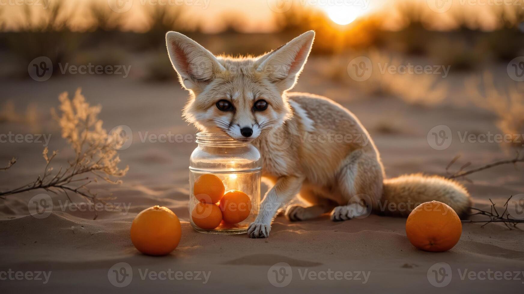 A fennec fox sits in the desert with a jar of oranges at sunset. photo
