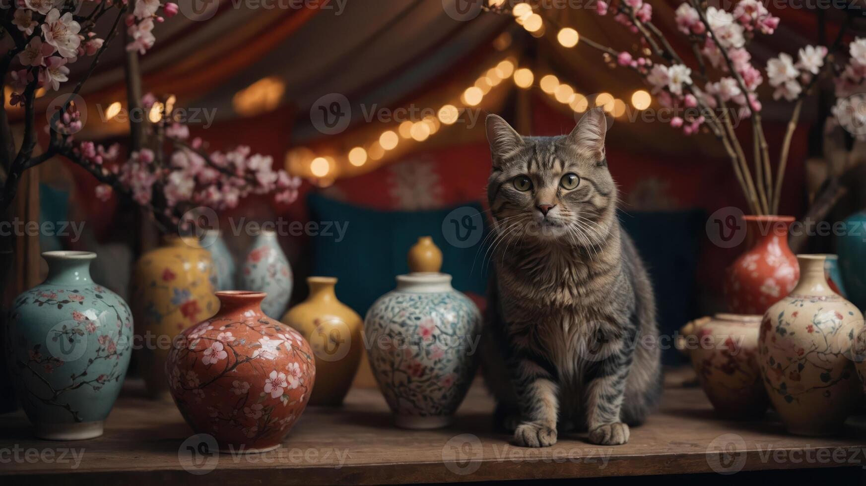 A cat sits among decorative vases and cherry blossom branches in a cozy setting. photo