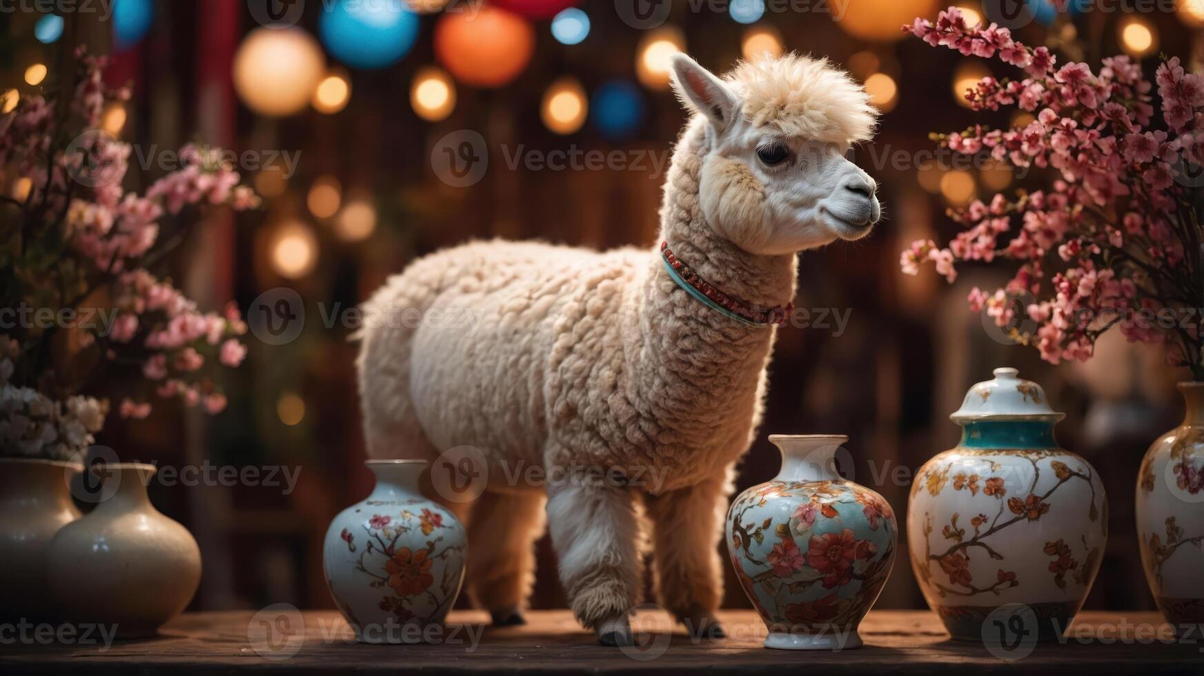 A fluffy llama stands among decorative vases and flowers in a vibrant setting. photo