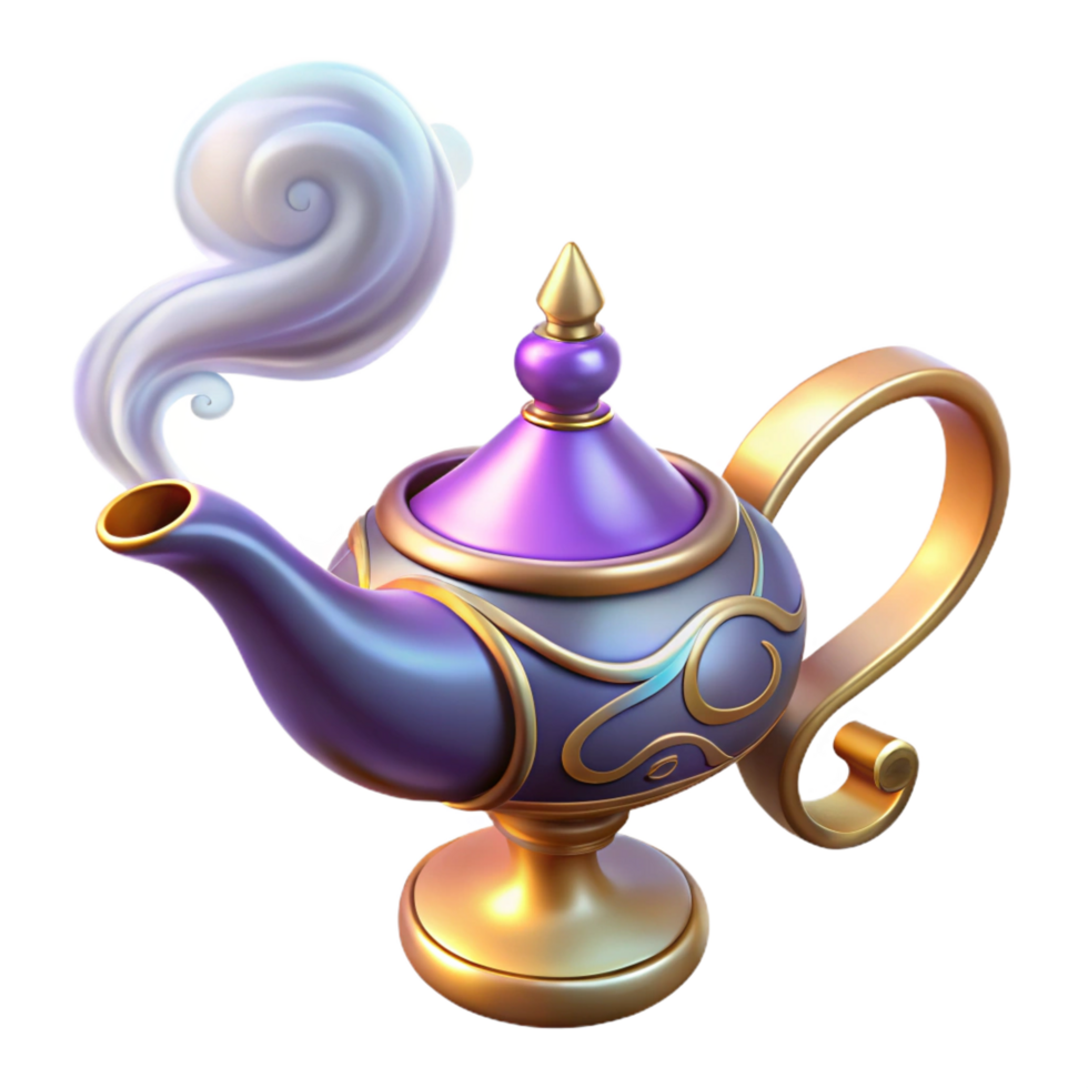 exquisite peaceful creative Magic lamp, ornate design, genie smoke, NO BACKGROUND with Transparent Background. high quality png