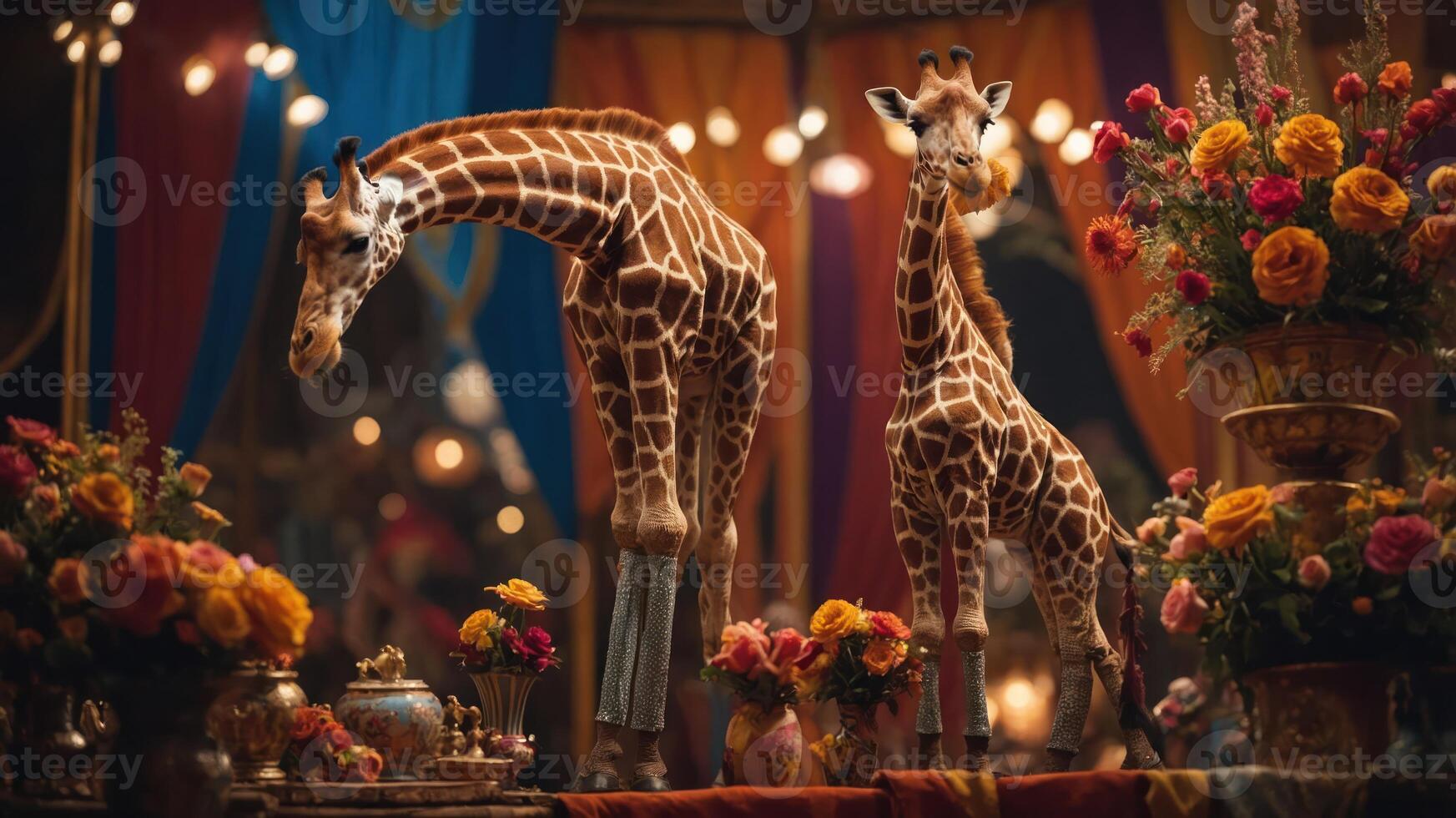Two giraffes amidst colorful flowers and ornate decorations in a vibrant setting. photo