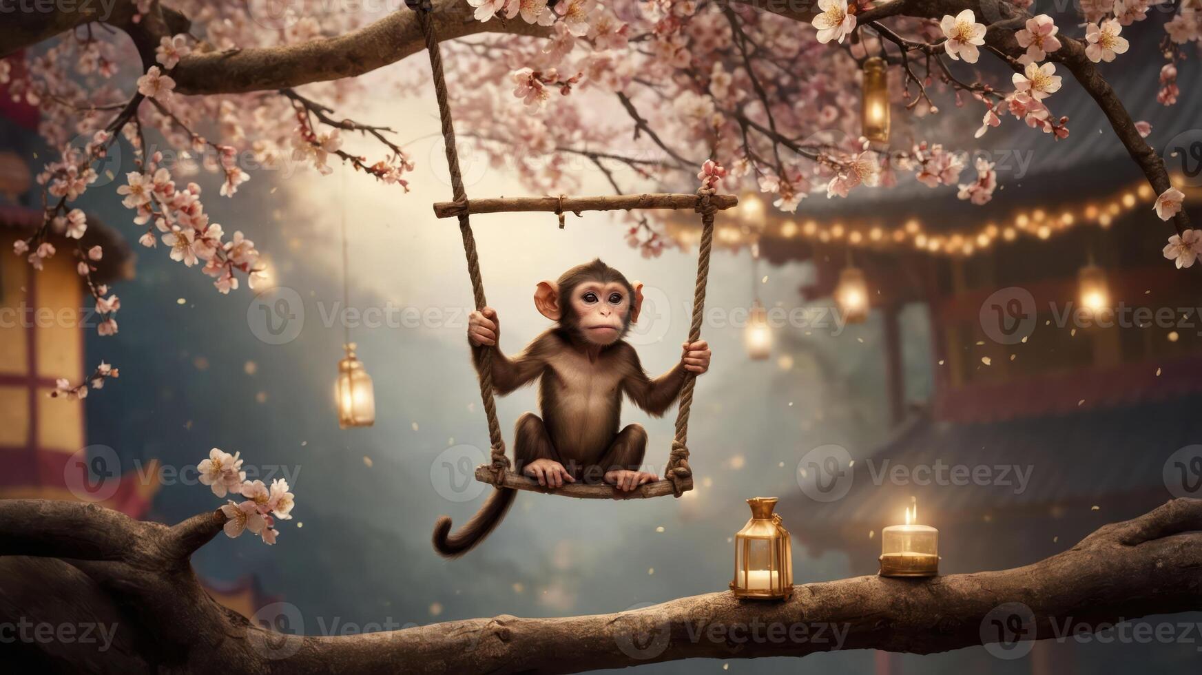 A playful monkey swings on a branch adorned with cherry blossoms and lanterns. photo