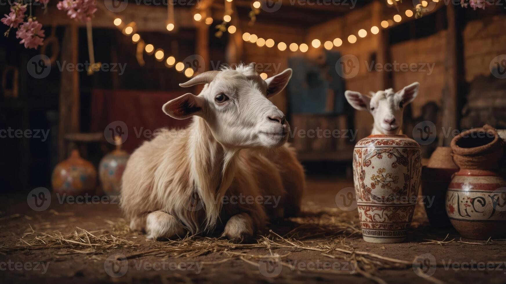 A serene scene featuring a goat and a kid in a rustic setting with decorative pottery. photo