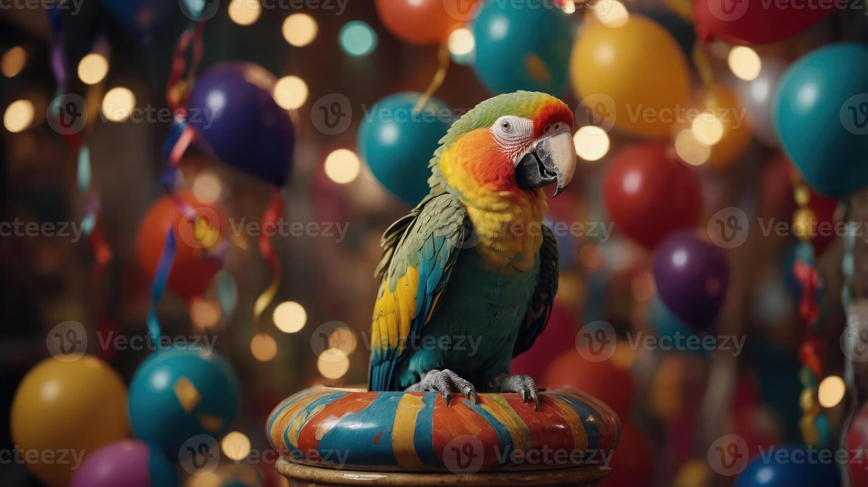 A colorful parrot perched on a vibrant cushion amidst festive balloons and decorations. photo